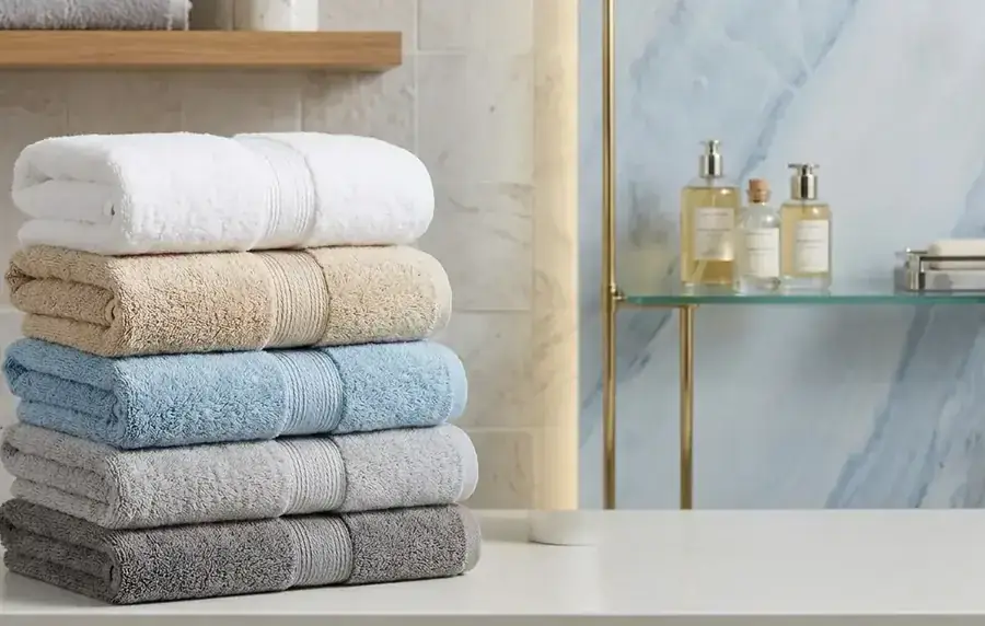 Stack of white, beige, blue and grey bath towels