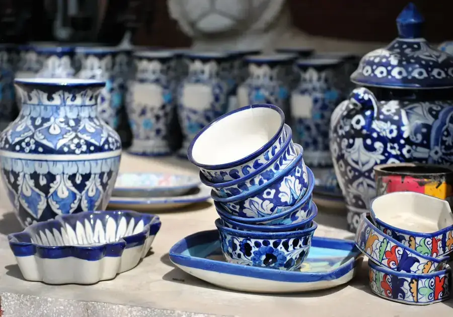Blue and white hand painted pottery bowls and vases