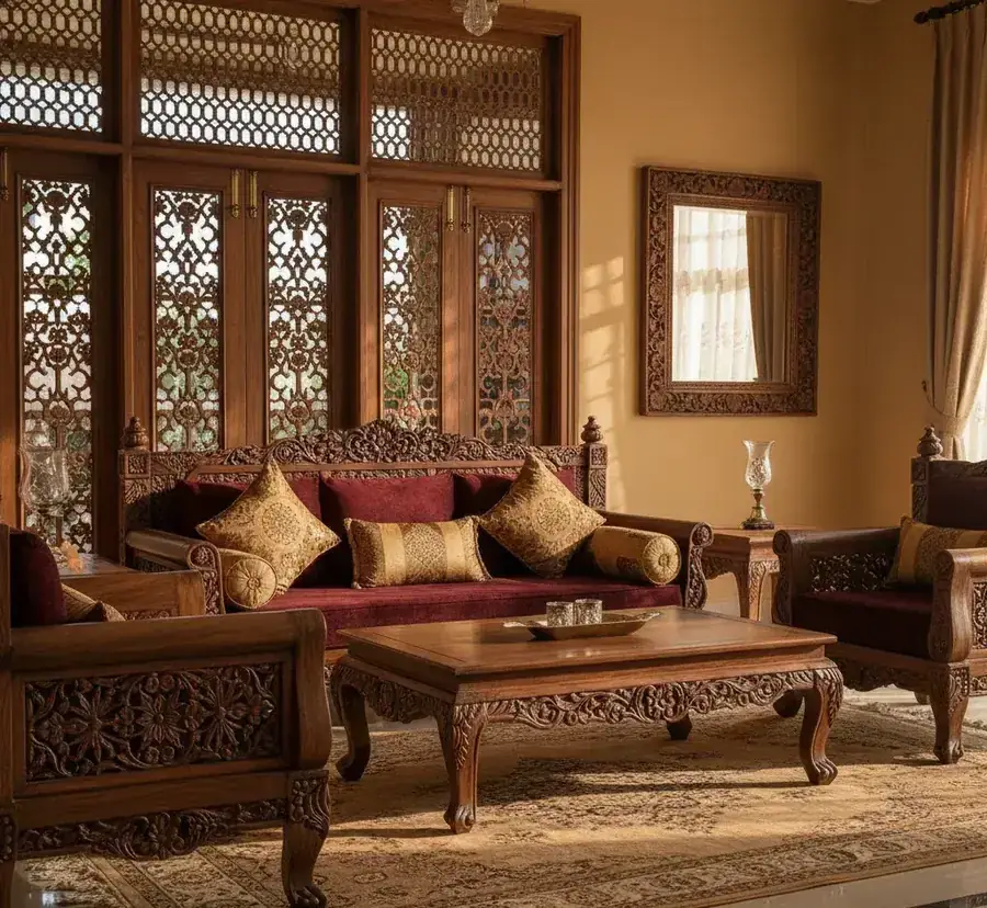 Hand carved wooden sofa set, coffee table and screens