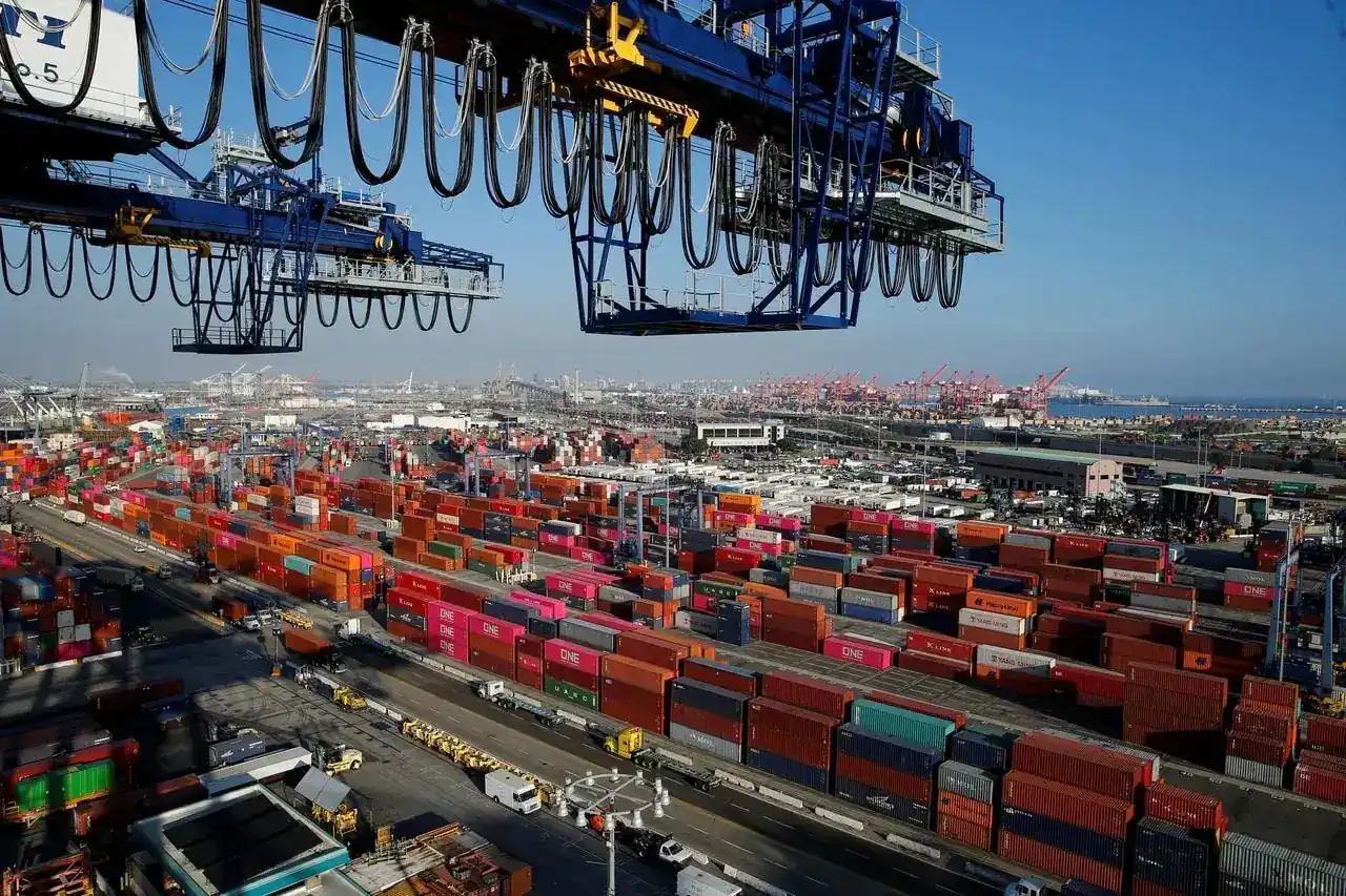 Busy container port yard seen from above