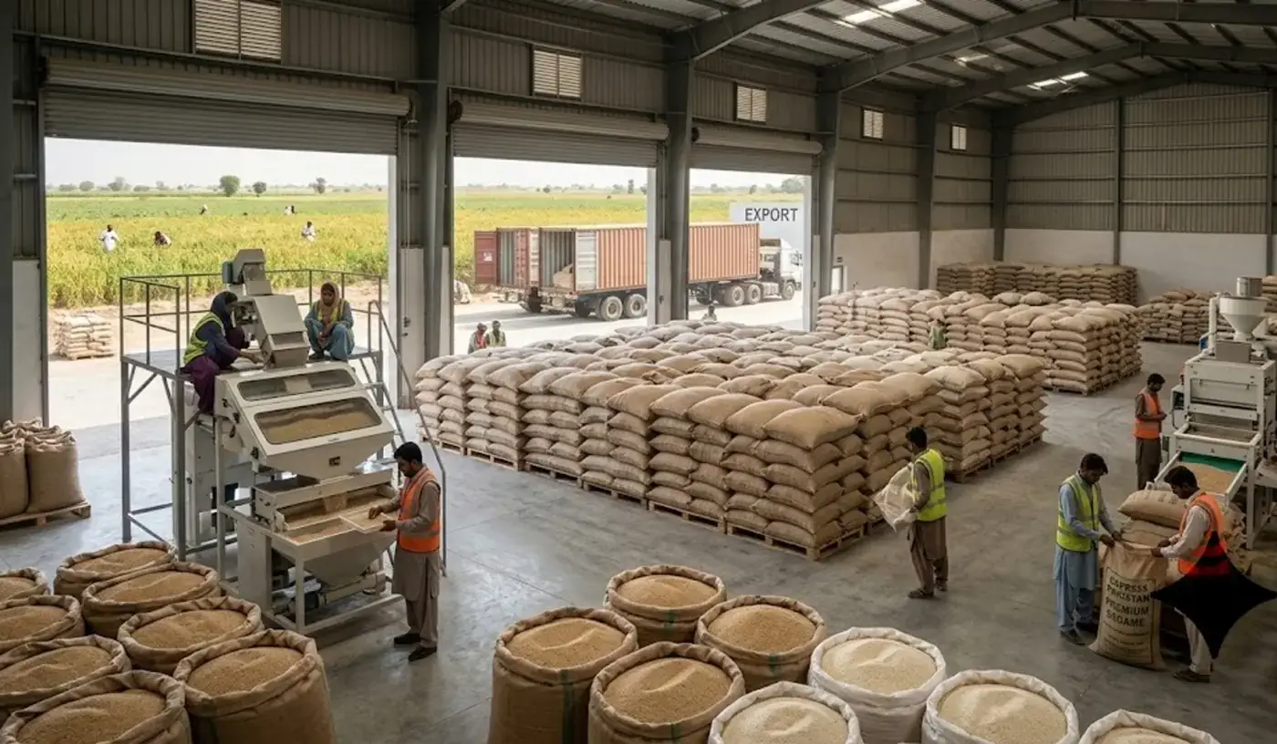 Workers cleaning and packing grain in a large warehouse