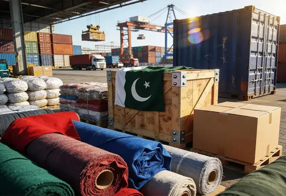 Rolls of fabric and a crate with a Pakistani flag at a container port