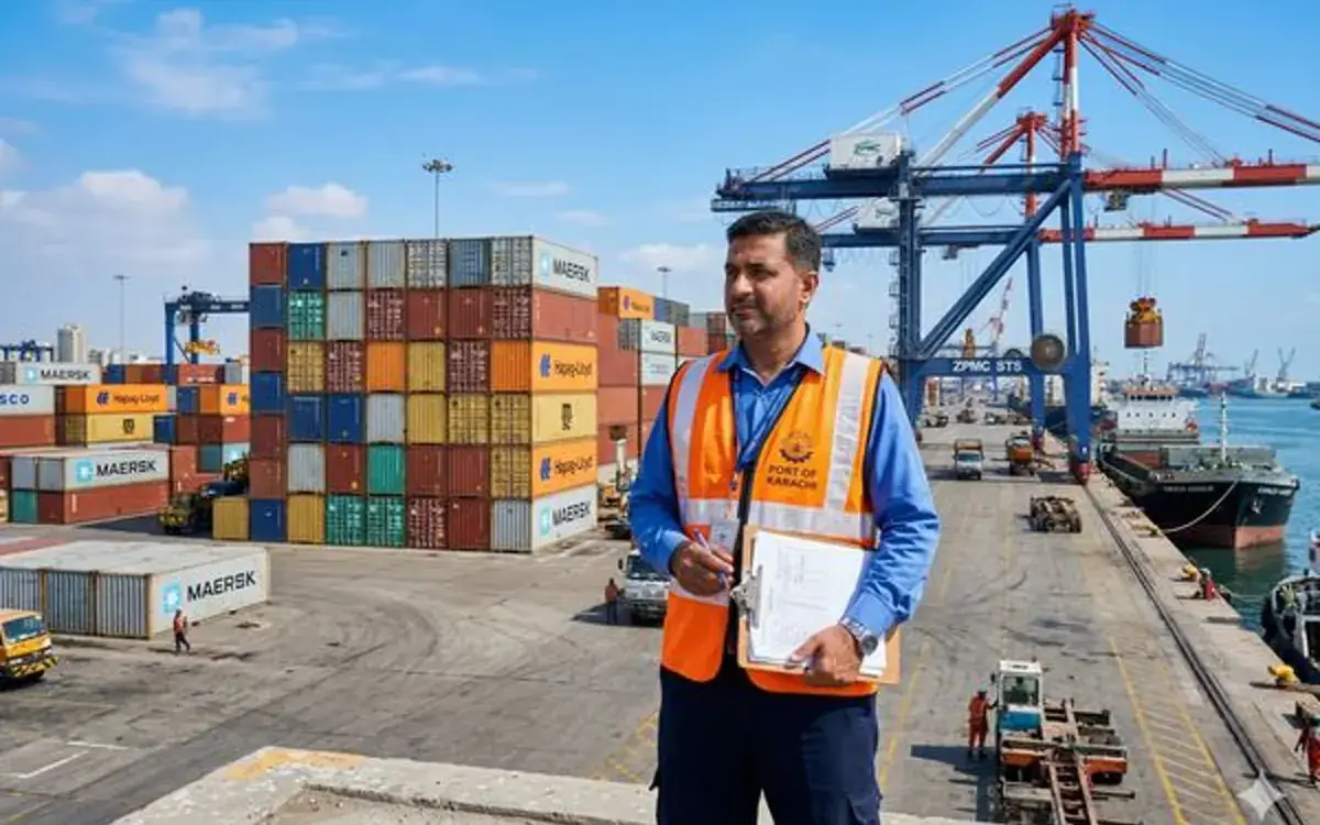 Port worker with a clipboard in front of stacked shipping containers