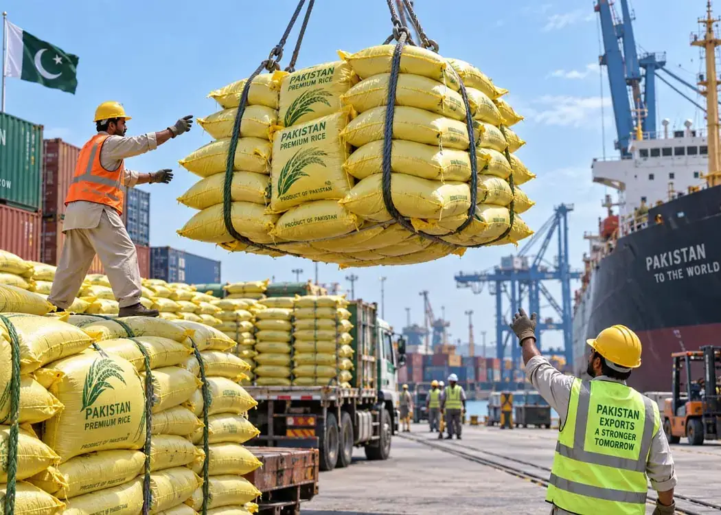 Bags of rice being lifted onto a ship at a port