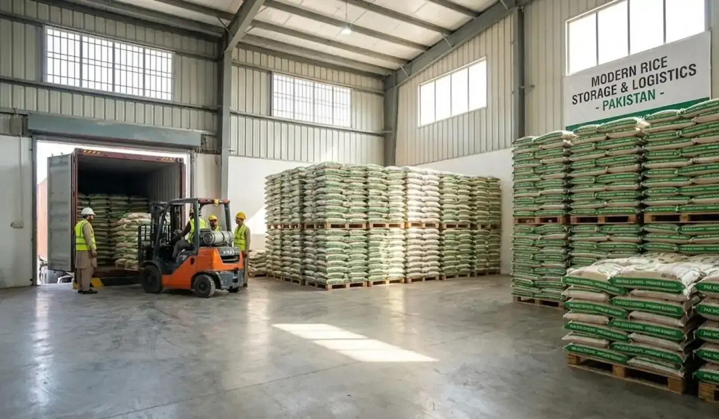 Forklift loading sacks of rice into a container at a warehouse