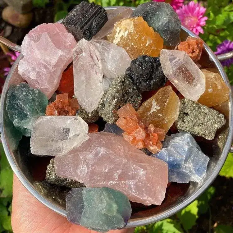 Bowl of rough crystals and mineral specimens