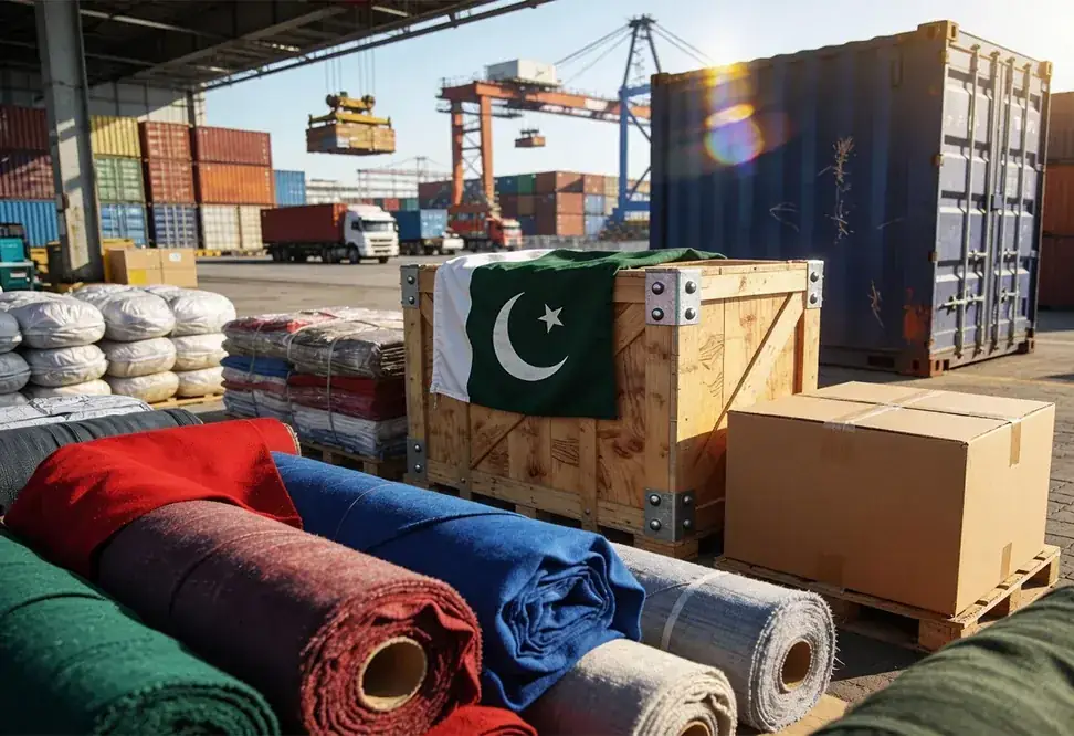 Rolls of fabric and a crate with a Pakistani flag at a container port
